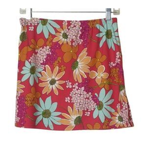 Vintage Floral A-Line Mini Skirt Size S Red SunFlower Print Stretch Slit Elastic